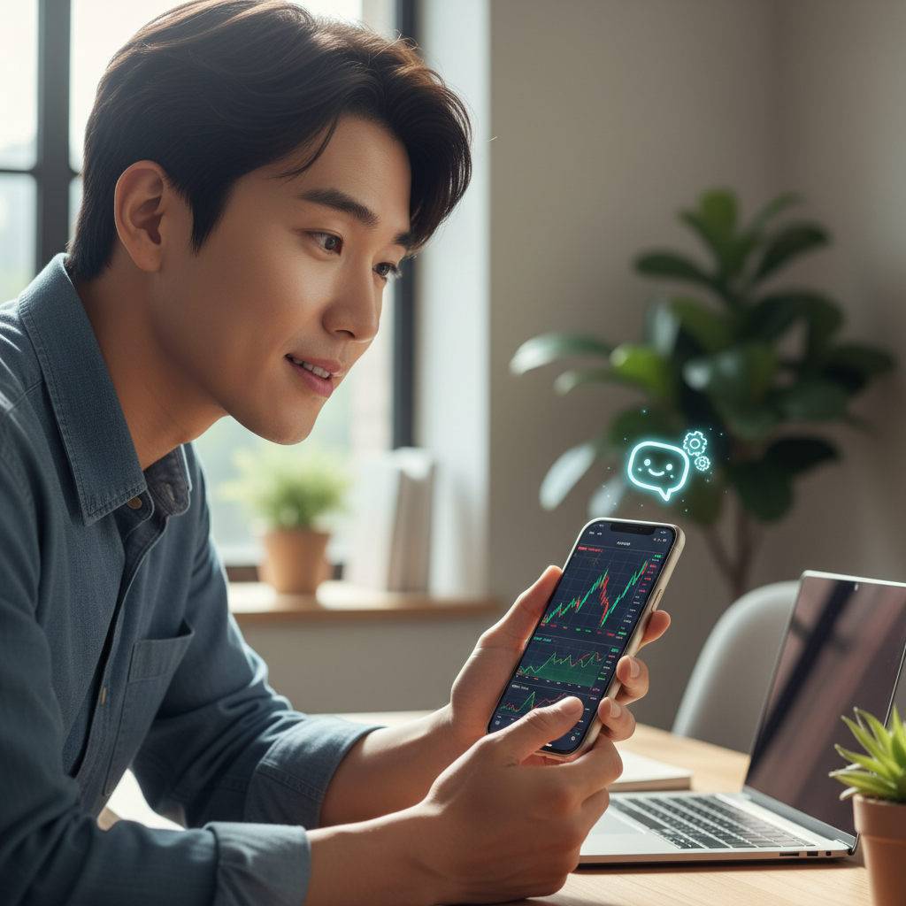 A Korean person looking curiously at a smartphone screen displaying stock charts, with a small AI chatbot icon next to it. The background is a modern, clean home office. Natural lighting, focus on curiosity and technology. No text in image. Style: lifestyle photography.