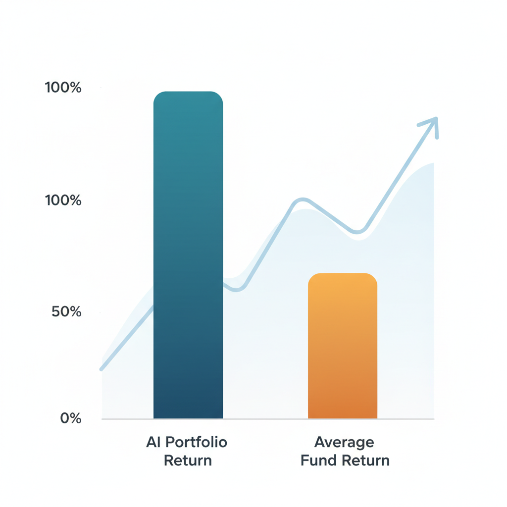 An infographic showing two bar charts. One significantly taller bar for "AI Portfolio Return" and a shorter one for "Average Fund Return," with a subtle, stylized upward market trend line in the background. Clean, clear design, no text in image. Style: clean infographic.