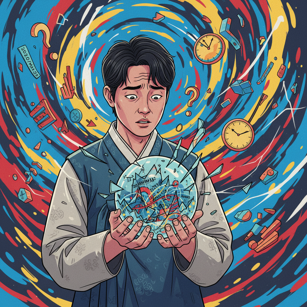 A stylized illustration of a confused Korean person looking at a broken crystal ball, which shows distorted financial data and incorrect dates. The background is chaotic, representing market uncertainty and confusion. Expressive, conceptual art style, no text in image. Style: illustration.