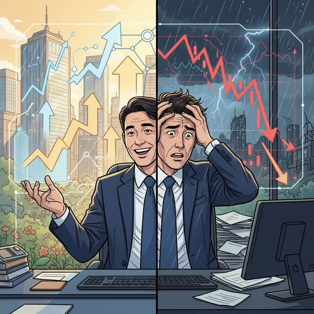A split image. One side shows a Korean person confidently making investment decisions with AI in a booming market (sunny, upward arrows). The other side shows the same person looking stressed, dealing with a stormy, downward-trending market without clear guidance. High contrast, clear emotional difference. No text in image. Style: illustration.