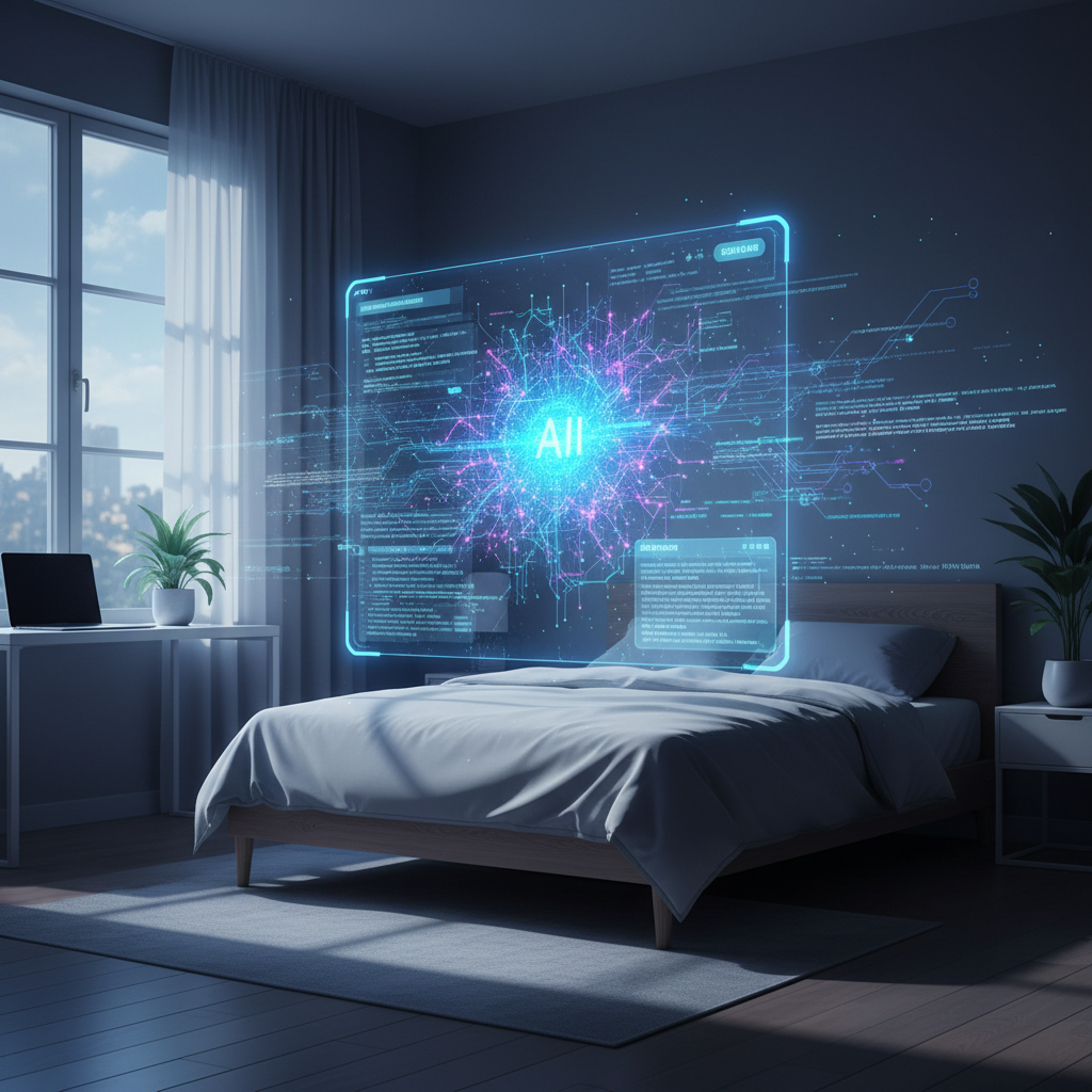 An illustration of an AI assistant (represented by glowing neural networks or abstract data forms) working diligently overnight, analyzing chat histories and generating updates on a digital interface. The setting is a quiet bedroom with soft moonlight. Style: sci-fi illustration. No text in image.