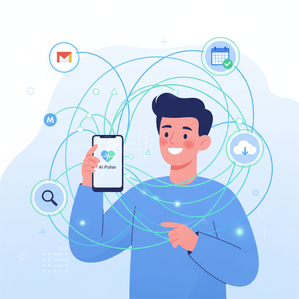 A visual metaphor showing a person happily interacting with a mobile phone displaying "ChatGPT Pulse" updates, while abstract lines connect the phone to icons representing Gmail, Google Calendar, and other apps, symbolizing seamless integration and personalized information flow. Style: clean infographic. No text in image.