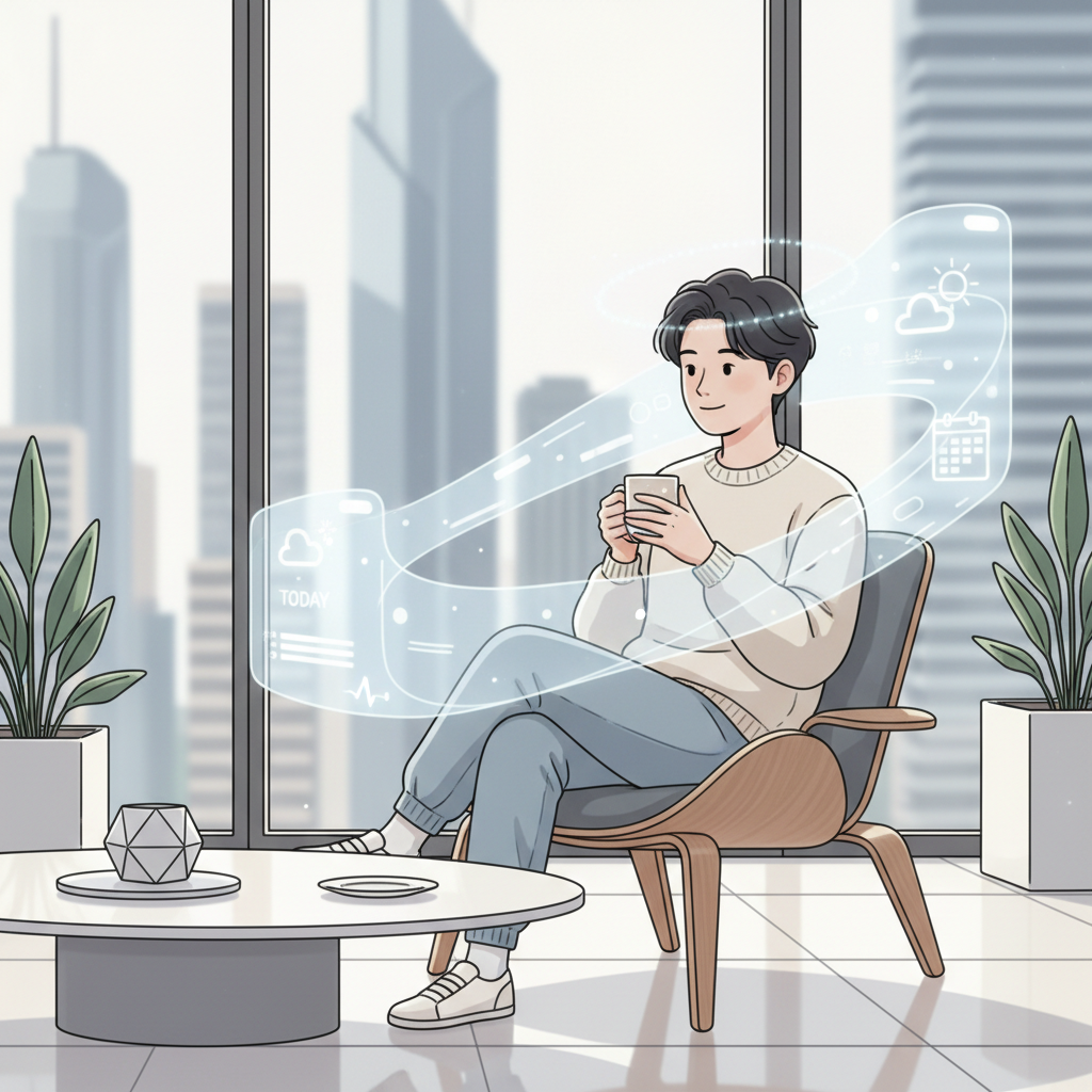 A futuristic, clean illustration of a Korean person in a modern home, calmly enjoying their morning coffee while a transparent holographic interface or a subtle AI presence around them displays relevant, personalized updates and reminders. The atmosphere is serene and efficient. Style: minimalist illustration. No text in image.