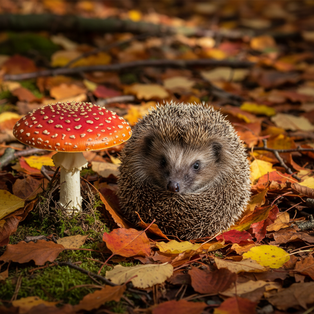 An adult UK hedgehog is nestled among vibrant autumn leaves and a red fly agaric mushroom, depicting its natural habitat. Realistic detail, natural lighting. No text.
