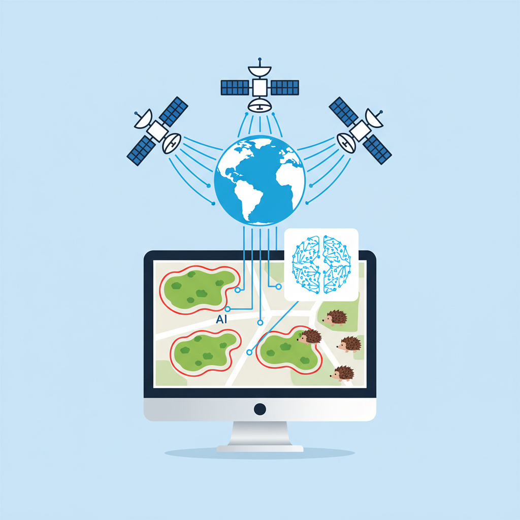 An infographic illustrating the concept of AI detecting bramble patches from satellite imagery. Show satellites orbiting Earth, sending data to a computer analyzing green patches on the ground, with small stylized hedgehogs nearby. Clean infographic style, no text.