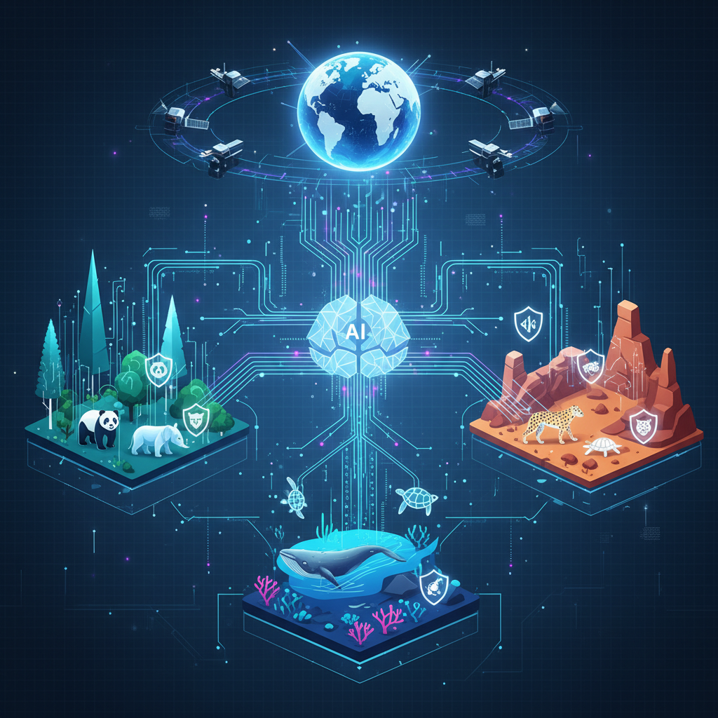 A futuristic infographic showing how satellite data and AI can be used to monitor various ecosystems and protect endangered species. Illustrate a network of satellites, data flowing to AI systems, and diverse ecosystems (forests, oceans) being monitored with icons of protected animals. Clean infographic style, no text.
