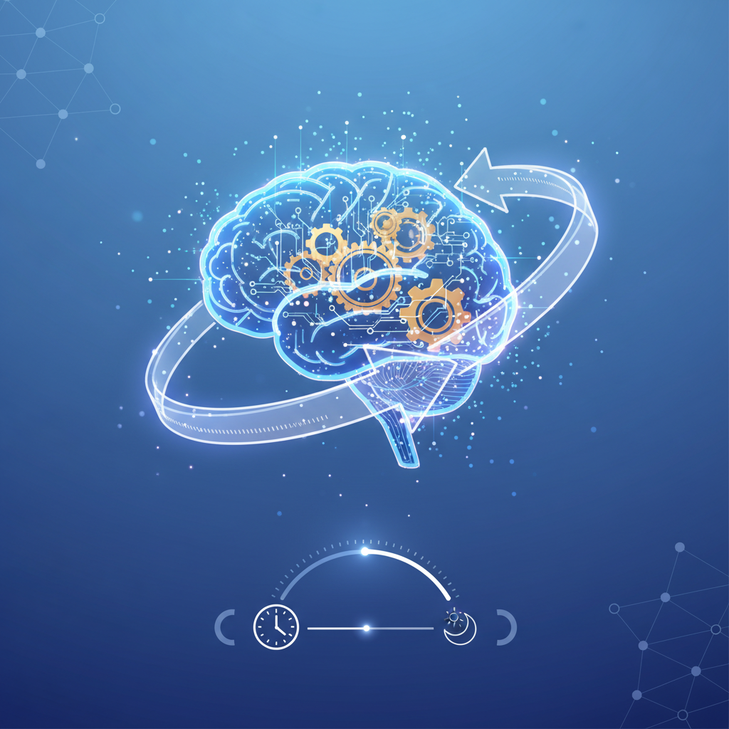 An infographic showing a digital brain icon with gears and circuits, illustrating continuous focus over an extended period (like 30 hours). The brain is glowing with focused energy. Clean infographic style. No text.
