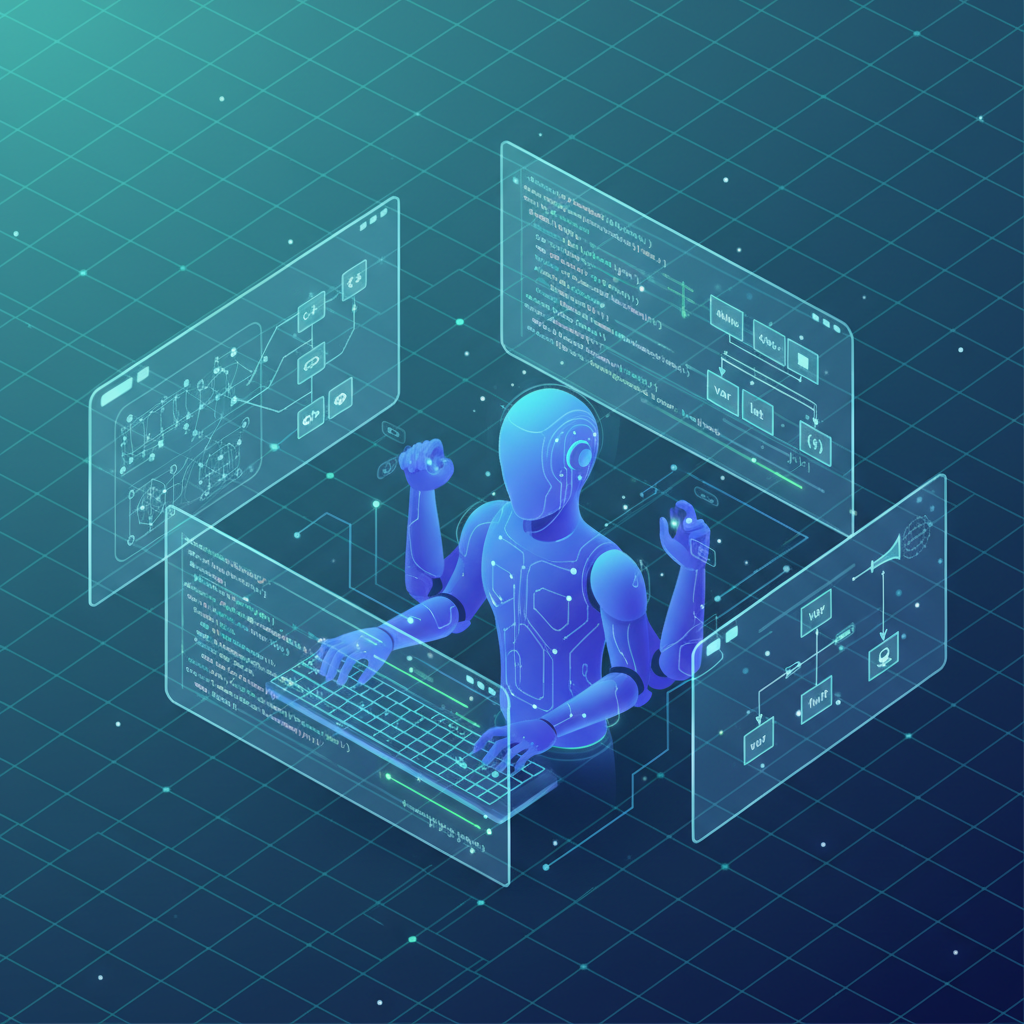A dynamic illustration of an AI assistant coding on multiple screens, showing complex code snippets and various programming language symbols. Focus on the smooth and efficient workflow. Clean infographic style. No text.