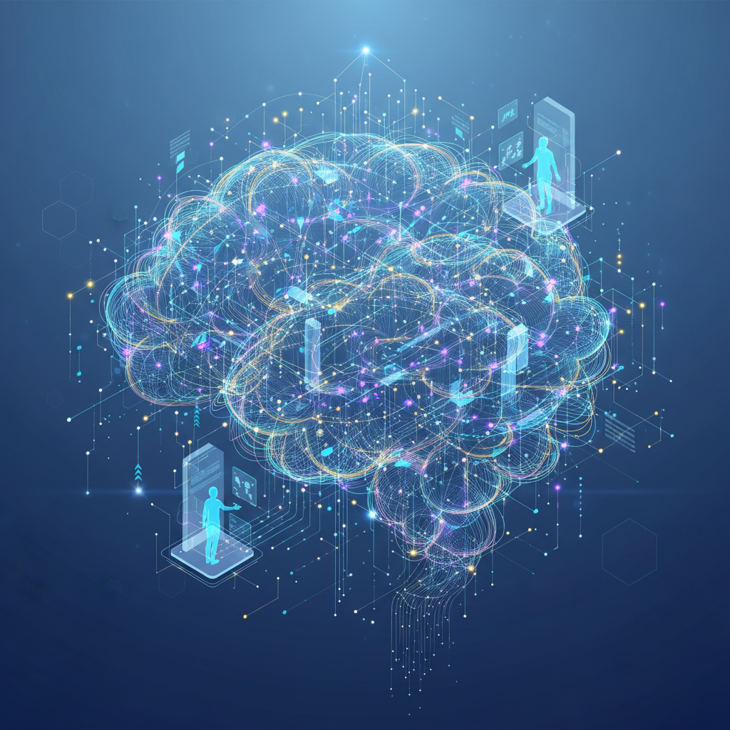 An abstract, futuristic depiction of interconnected digital networks and glowing data streams, symbolizing advanced AI technology and seamless human-AI collaboration. Clean infographic style with a sense of progress. No text.