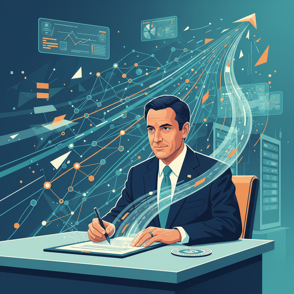 A stylized illustration of California Governor Gavin Newsom signing a document, with AI-related graphics like neural networks and data flowing in the background. The atmosphere is official yet dynamic, symbolizing the intersection of policy and technology. Clean infographic style, no text.