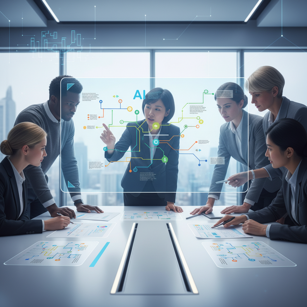 A group of diverse professionals, including a Korean woman, are gathered around a table, reviewing documents that display complex flowcharts and data, symbolizing AI safety protocols. The setting is a modern office, emphasizing collaboration and scrutiny. The style is clean infographic, no text.