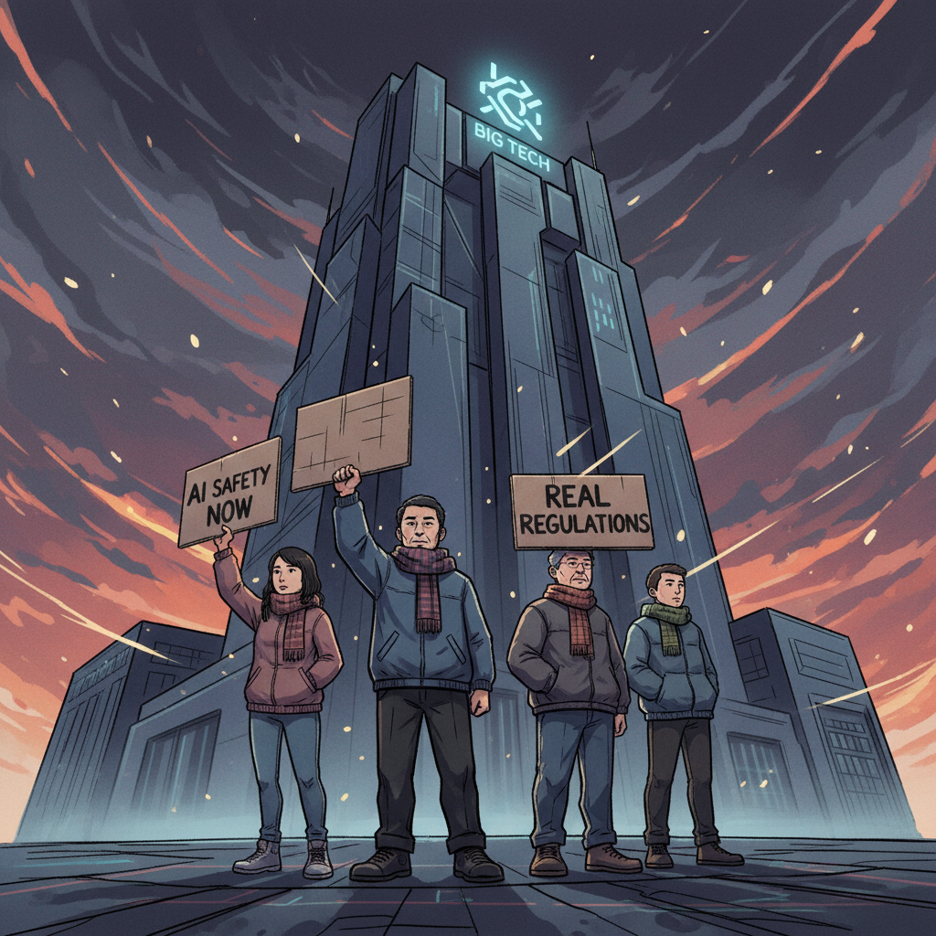 A dynamic illustration showing a small group of Korean individuals holding protest signs in front of a looming, abstract corporate building with a generic "Big Tech" logo. The signs read "AI Safety Now" and "Real Regulations." The atmosphere is tense, highlighting the power imbalance. Illustration style, no text.