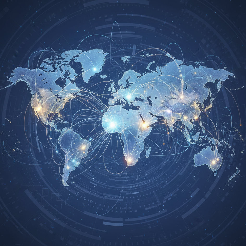 An artistic infographic depicting a world map with interconnected data streams and glowing nodes, representing the global reach and influence of AI policies and technological advancements. Emphasize the interconnectedness and scale. Clean infographic style, no text.