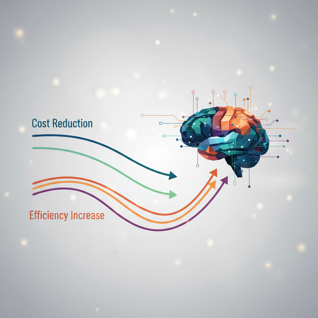 A clean infographic showing AI brain processes with decreasing cost lines and increasing efficiency graphs. The color palette should be modern and professional, with subtle light effects. No text in image.