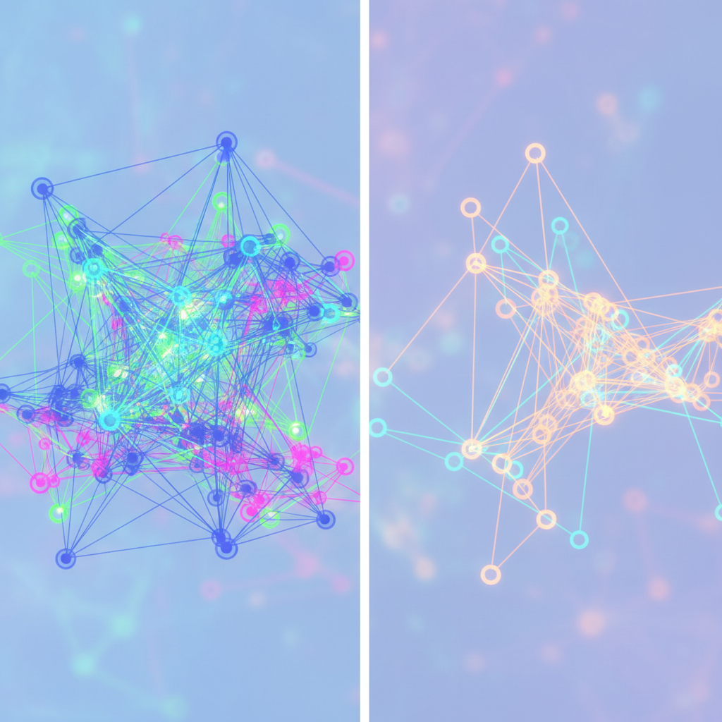 An infographic contrasting two network diagrams. One shows dense, interconnected nodes with many lines representing "every word to every word" connections (quadratic cost). The other shows sparse connections, with fewer, more focused lines between nodes. Use vibrant colors for connections, subtle background. No text in image.