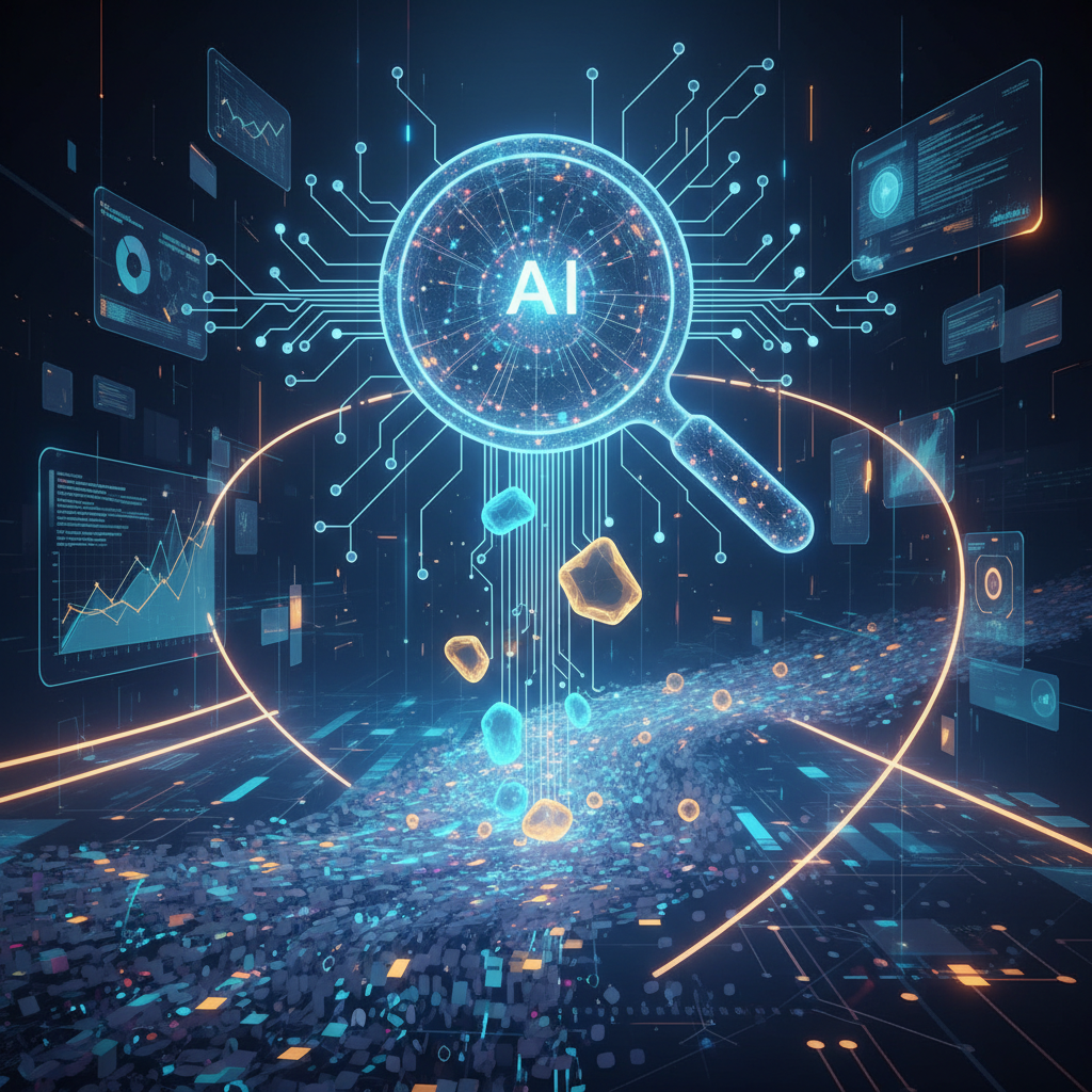 An illustration of a stylized AI "indexer" component, depicted as a small, glowing neural network or a sophisticated magnifying glass, intelligently selecting specific, most relevant data points from a large stream of information. The surrounding environment suggests data processing. Style: sleek, futuristic infographic. No text in image.