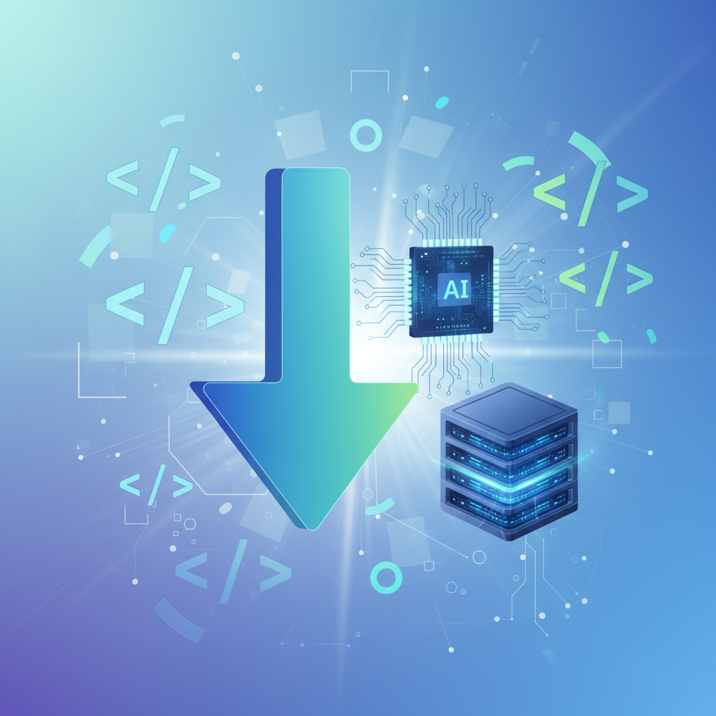A compelling infographic showing a downward arrow indicating "50% cost reduction" next to an AI chip or a cloud server rack, with open-source code symbols floating around. The overall tone is positive and forward-looking, emphasizing innovation and accessibility. No text in image.