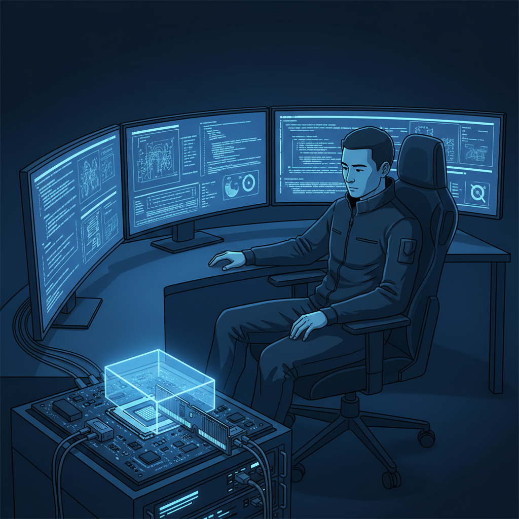 A sophisticated hacker figure (Korean, male or female) sitting in front of multiple monitors with lines of code and data flowing, while a glowing interposer device is physically connected between a CPU and a memory module on a server motherboard. The room is dark with blue ambient light, emphasizing the high-tech, urgent nature of the security threat. Style: clean infographic, no text.