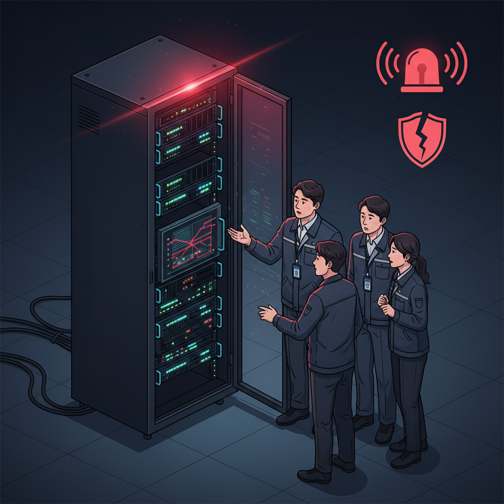 A server rack in a modern data center with emergency lights flashing red and a stylized siren icon indicating an alarm. The atmosphere is tense and urgent, showing a security breach. Several Korean technicians are looking at the servers with worried expressions. Style: clean infographic with a hint of realism, no text.