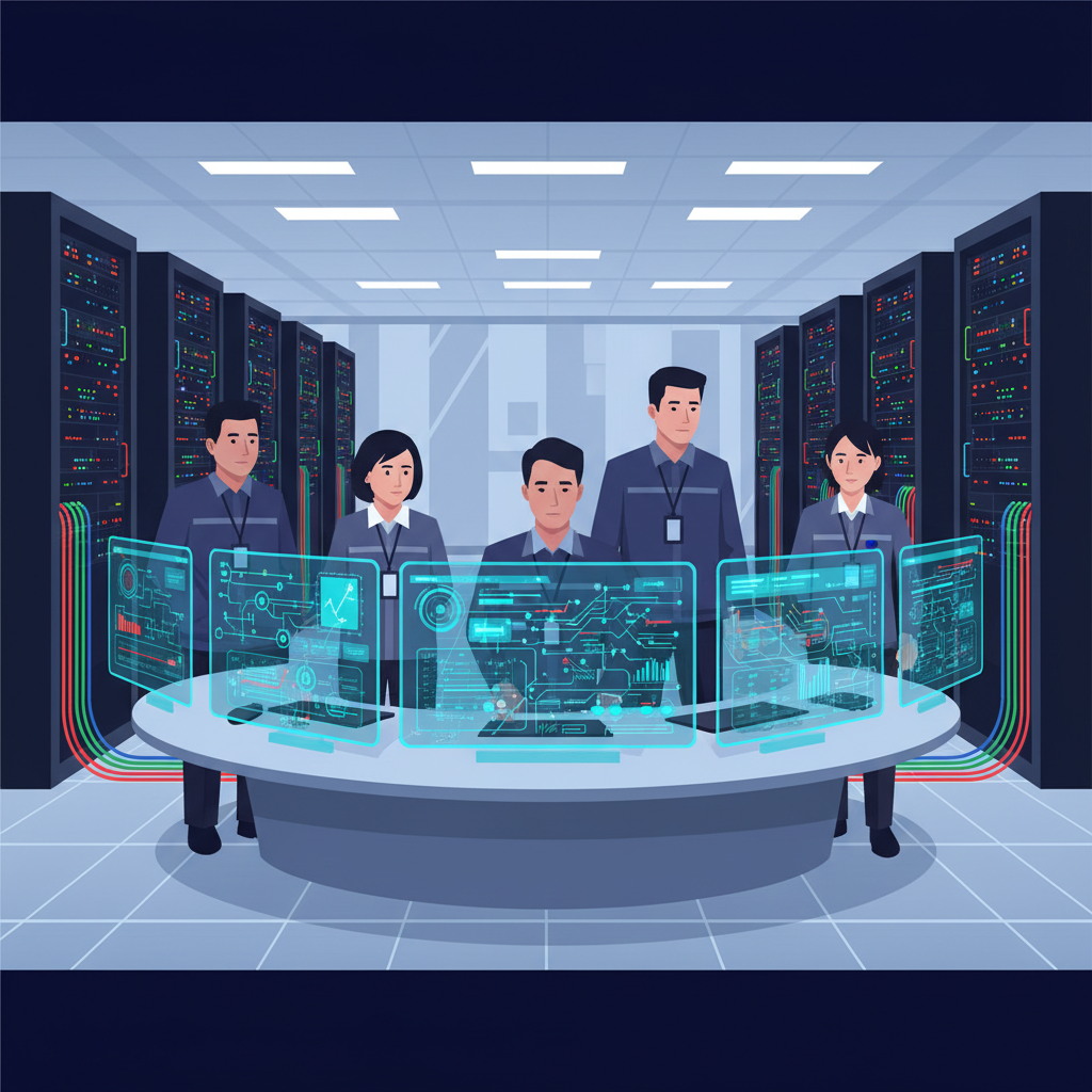 A group of diverse security engineers (Korean, male and female) in a high-tech data center, intensely focused on monitors displaying network diagrams and data flow. The background shows server racks with blinking lights, indicating complex infrastructure. The mood is serious, showing effort to resolve a critical security issue. Style: clean infographic, no text.