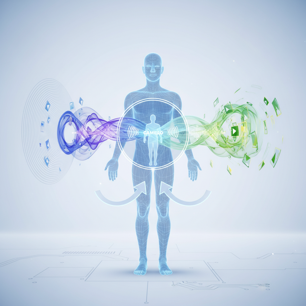A futuristic clean infographic showing a person interacting with AI-generated video. Sound waves and visual elements blend, symbolizing Sora 2's ability to create videos with synchronized audio and 'cameo' feature. Style: clean infographic. No text.