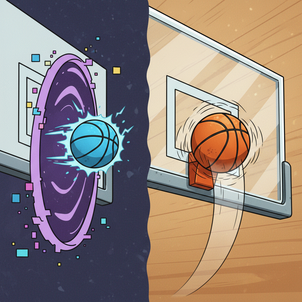 A stylized illustration of a basketball bouncing off a backboard realistically, contrasting with a previous version where it might teleport, symbolizing Sora 2's improved physical accuracy in video generation. Style: illustration. No text.