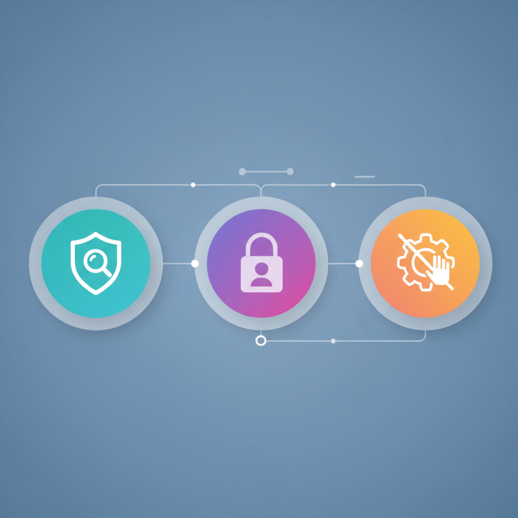 A user interface showing safety features for an AI video generation app, with icons for moderation, privacy controls for 'cameos,' and settings to prevent misuse. Style: clean infographic. No text.