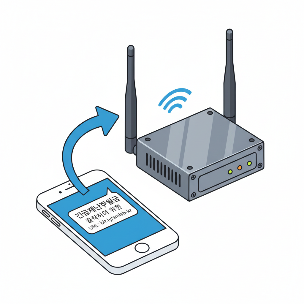 A clean infographic showing a mobile phone receiving a smishing SMS message, with an arrow pointing to a small, rugged industrial cellular router in the background. The router has antennas. Use a clean infographic style, no text, Korean characters.