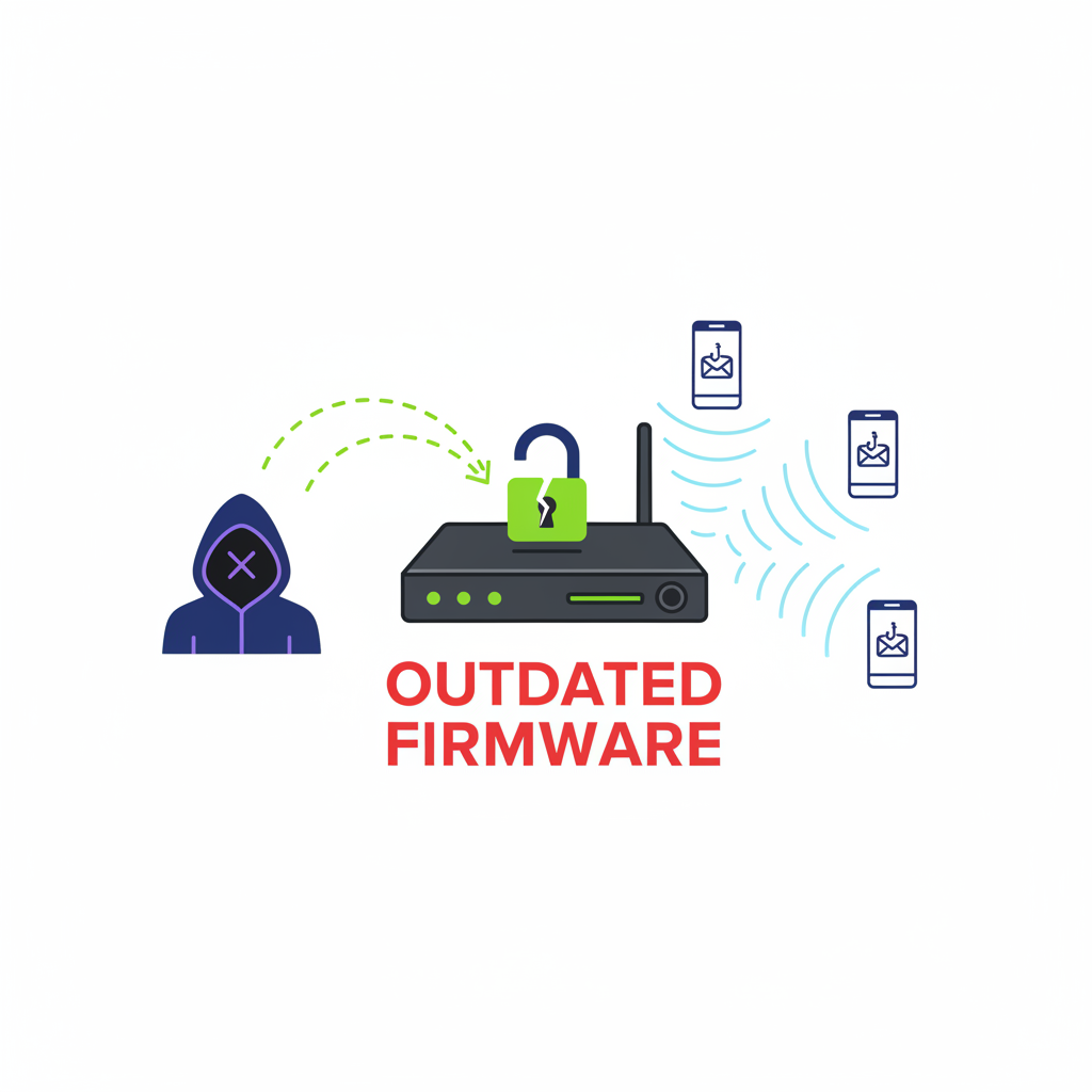 A cybersecurity infographic illustrating how a hacker (represented by a hooded figure icon) exploits vulnerabilities in an industrial cellular router to send out phishing SMS messages to multiple mobile phones. The router is depicted with outdated firmware. Clean infographic style, no text.
