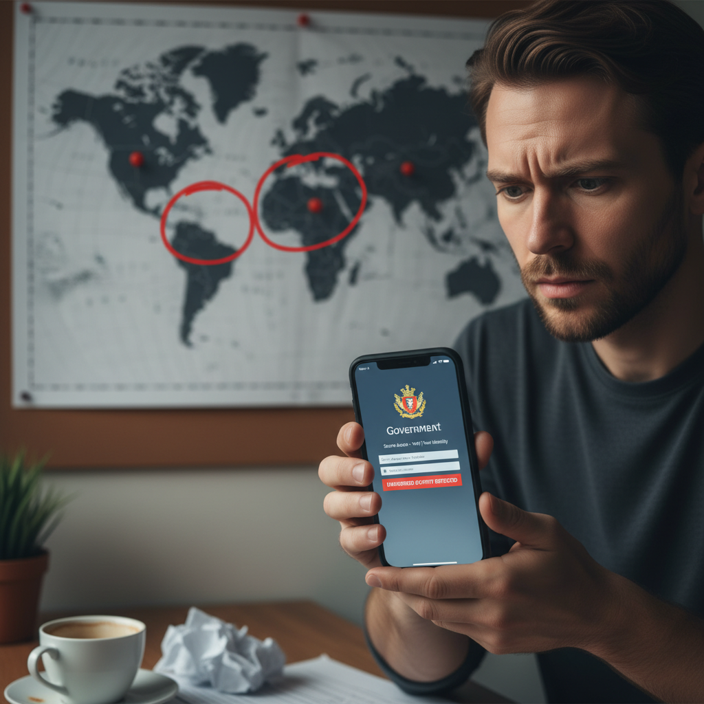 A person looking worriedly at their smartphone screen, which displays a fraudulent login page for a government service. In the background, a map with pins showing affected countries (Sweden, Belgium, Italy). Lifestyle photography, natural lighting, no text.