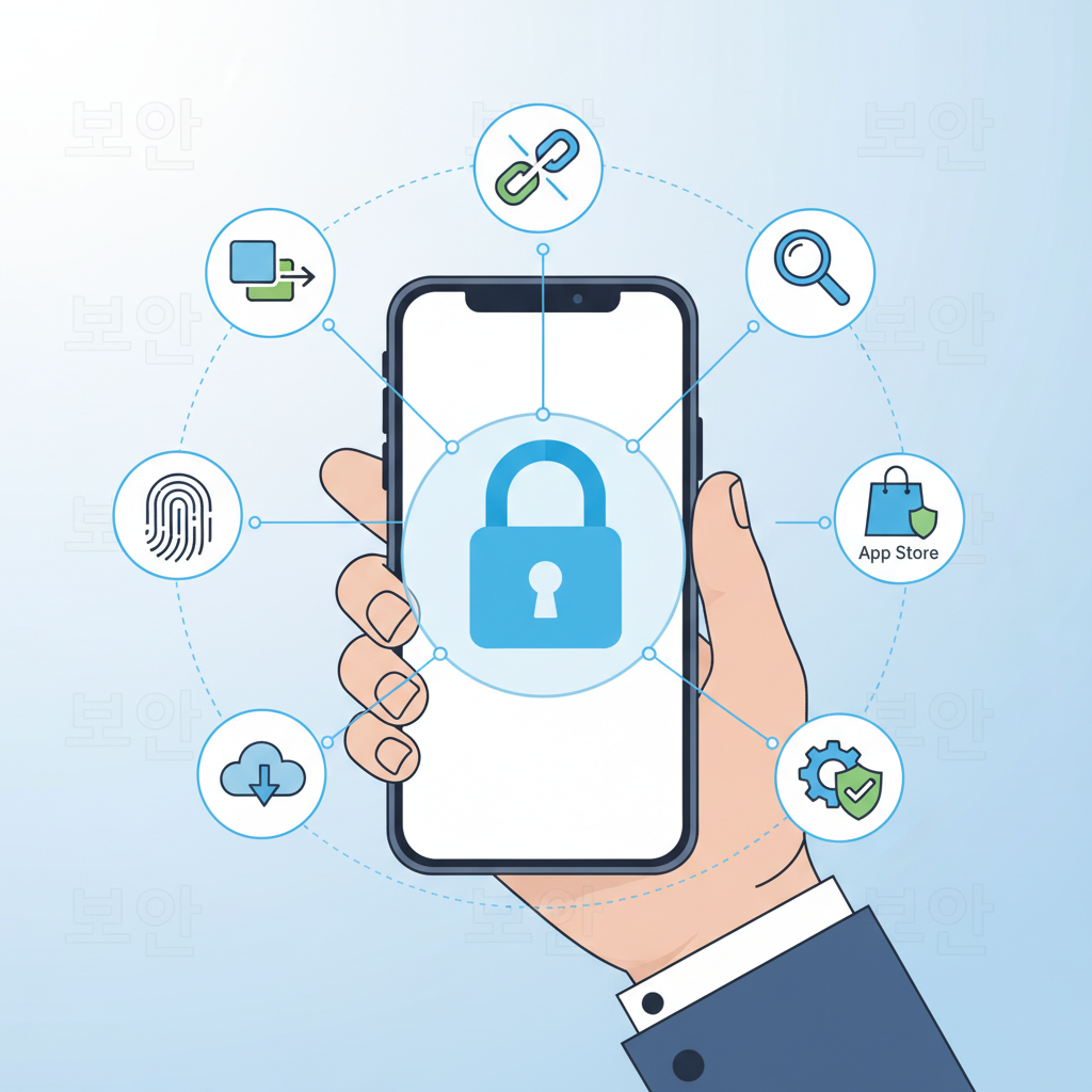A person holding a smartphone with a lock icon on the screen, surrounded by small icons representing cybersecurity measures like two-factor authentication, avoiding suspicious links, and app store security. Use a clean, modern infographic style, no text, Korean characters.