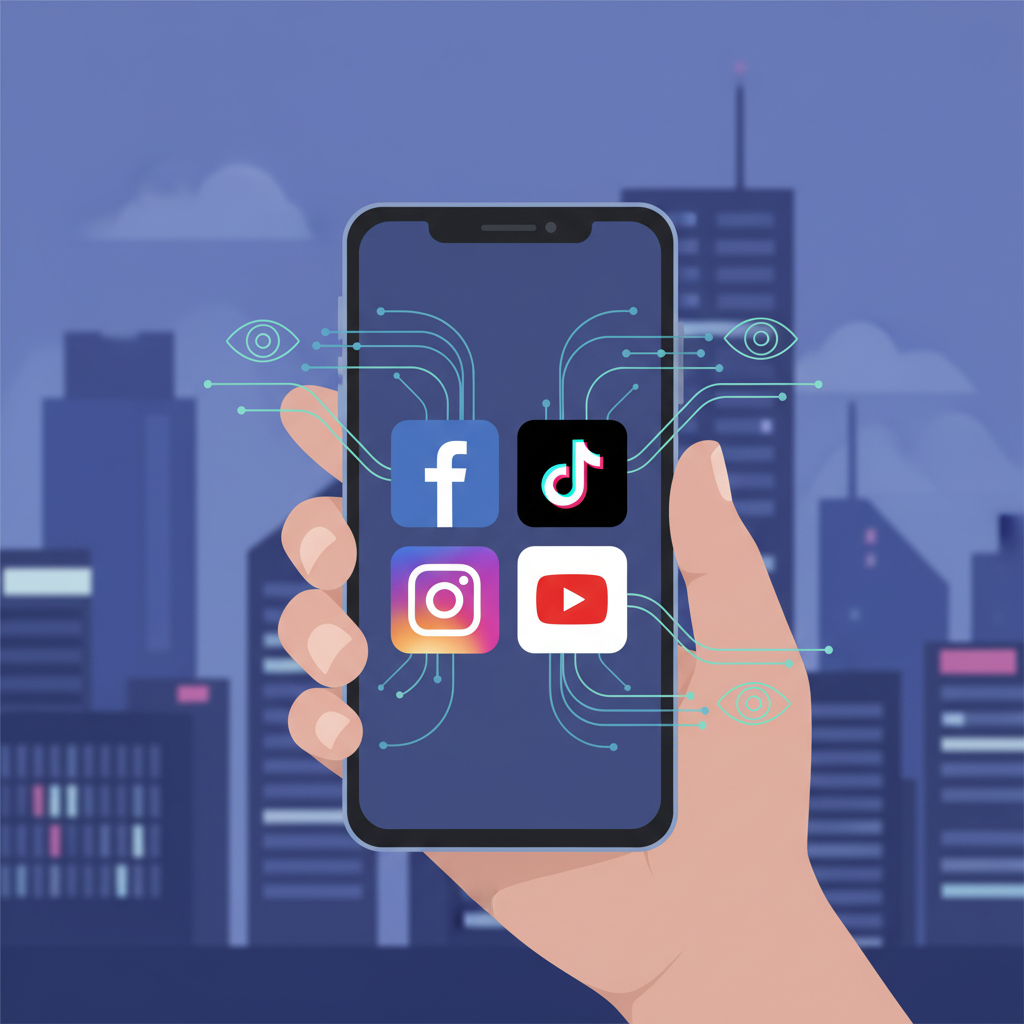 An illustration of a Korean person's smartphone screen displaying various social media apps (Facebook, TikTok, Instagram, YouTube), with subtle surveillance eyes or data streams flowing out of the screen, indicating monitoring. The background is a blurred cityscape. Style: clean infographic. No text.