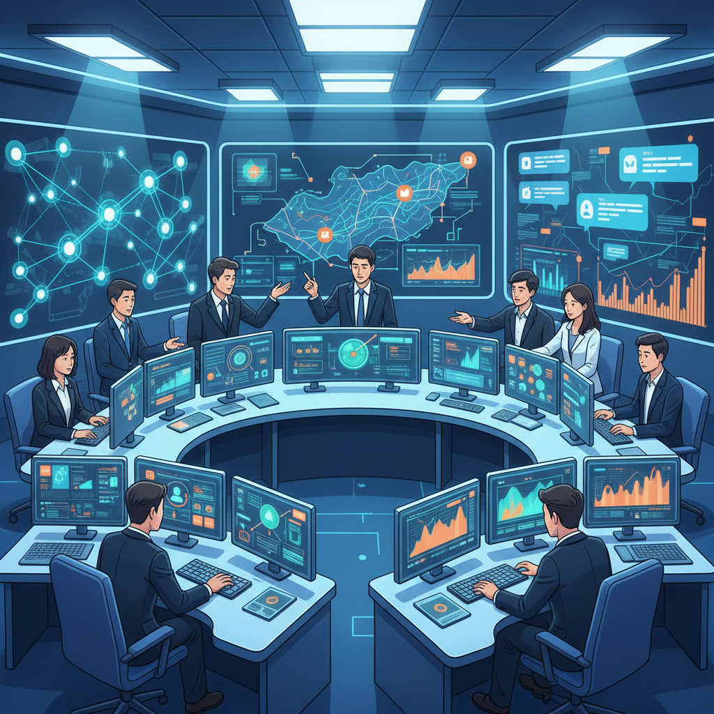 A professional illustration of a diverse team of analysts, including Korean individuals, working intensely in a modern, brightly lit control room. Multiple screens show abstract data, social media feeds, and maps. Focus on teamwork and high-tech environment. Style: clean infographic. No text.