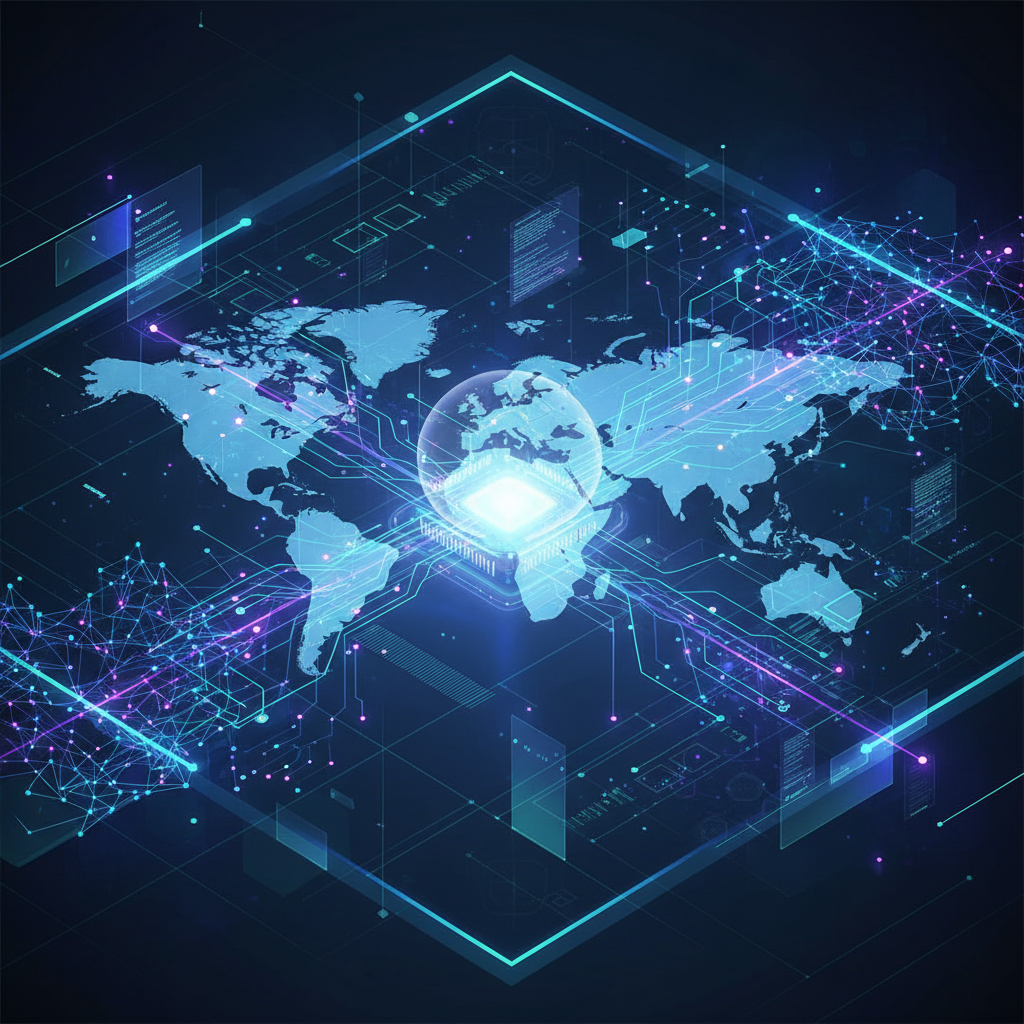 A visual representation of artificial intelligence analyzing vast amounts of social media data. Interconnected data streams and glowing neural networks over a stylized world map. Show sophisticated algorithms at work in a secure, digital environment. Style: modern digital illustration. No text.