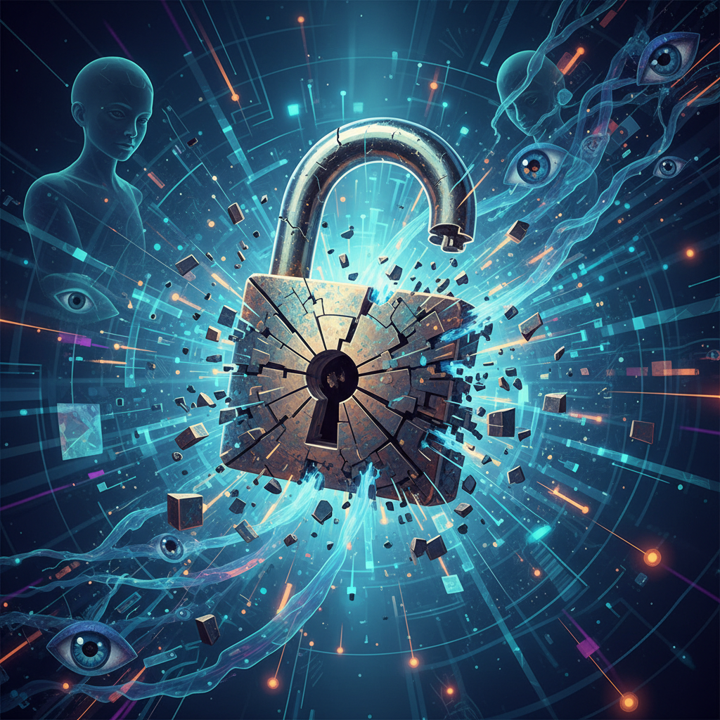 A symbolic illustration showing a padlock being easily bypassed or broken, representing the vulnerability of personal privacy in the face of widespread surveillance. Abstract data flowing around it, emphasizing lack of control. Style: abstract illustration. No text.