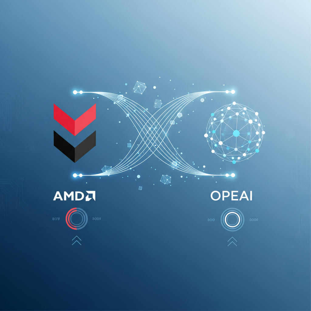 A futuristic clean infographic showing two company logos, AMD and OpenAI, connected by lines representing a massive AI chip deal. Data points around them illustrate "tens of billions annually" and "10% stock option." The overall tone is about technological partnership and growth. No text in image, clean infographic style.