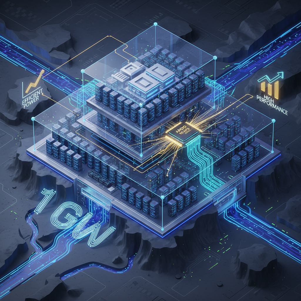 A clean infographic showing a futuristic data center with servers glowing, representing 1 gigawatt facility. AMD MI450 series chips are highlighted as key components within the servers. Focus on efficient power and high performance. No text in image, clean infographic style.