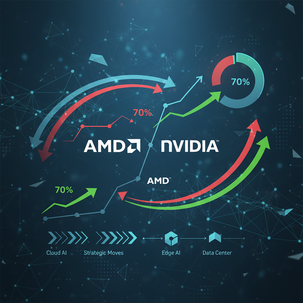 A dynamic clean infographic illustrating the competitive landscape of the AI chip market. AMD and Nvidia logos are prominently displayed with arrows and graphs showing market share and strategic moves. The background is a network of interconnected AI infrastructure. No text in image, clean infographic style.