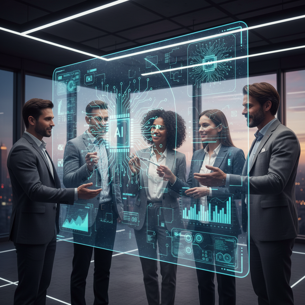 A vibrant lifestyle photography image of diverse professionals collaborating around a futuristic transparent screen displaying AI chip designs and strategic partnership graphs. The atmosphere is innovative and forward-looking, showcasing teamwork and shared vision for technology. No text in image, lifestyle photography style.