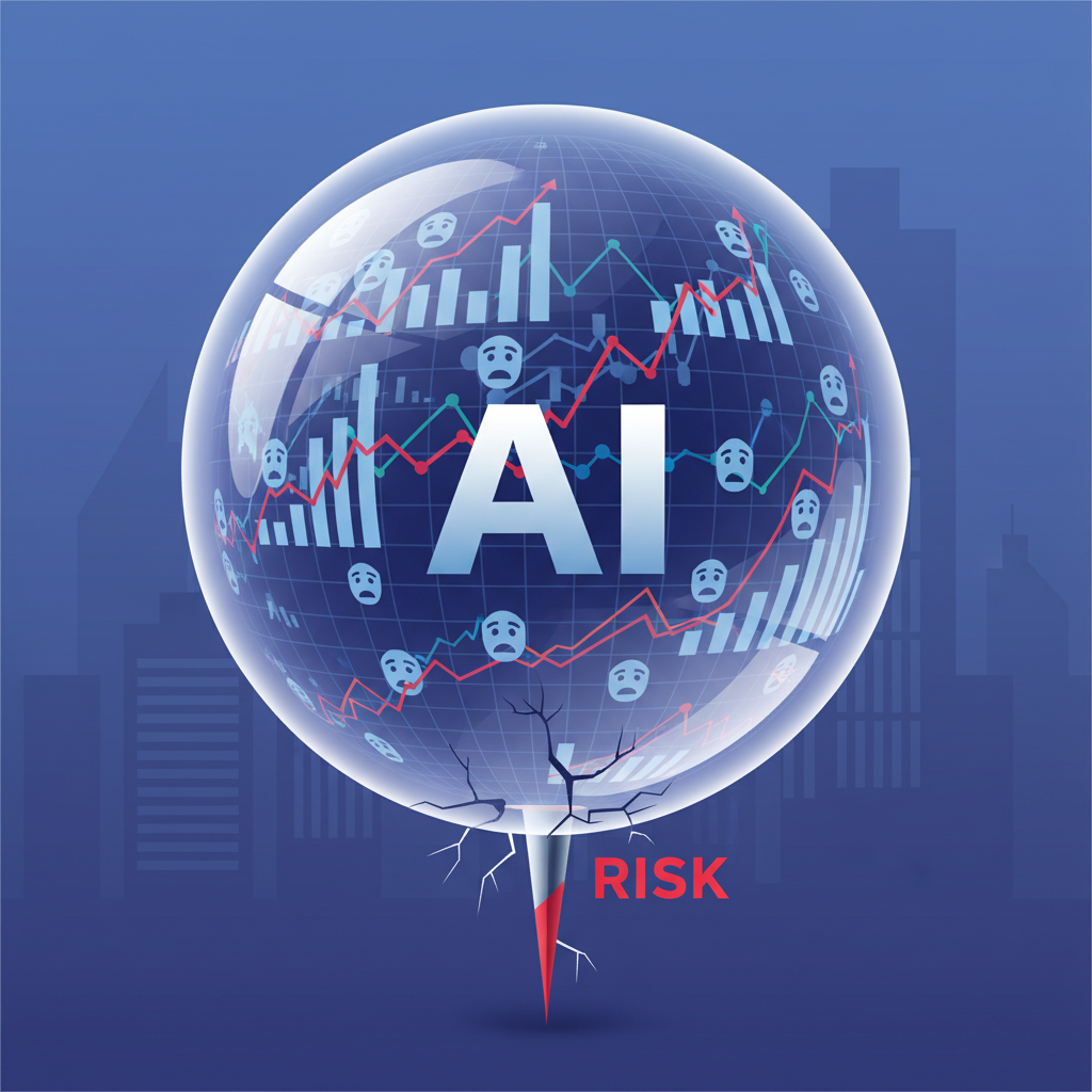 A thought-provoking illustration of a large, shiny bubble labeled "AI" with various investment graphs and worried faces reflected on its surface. The bubble is at risk of popping. Style: infographic, no text.