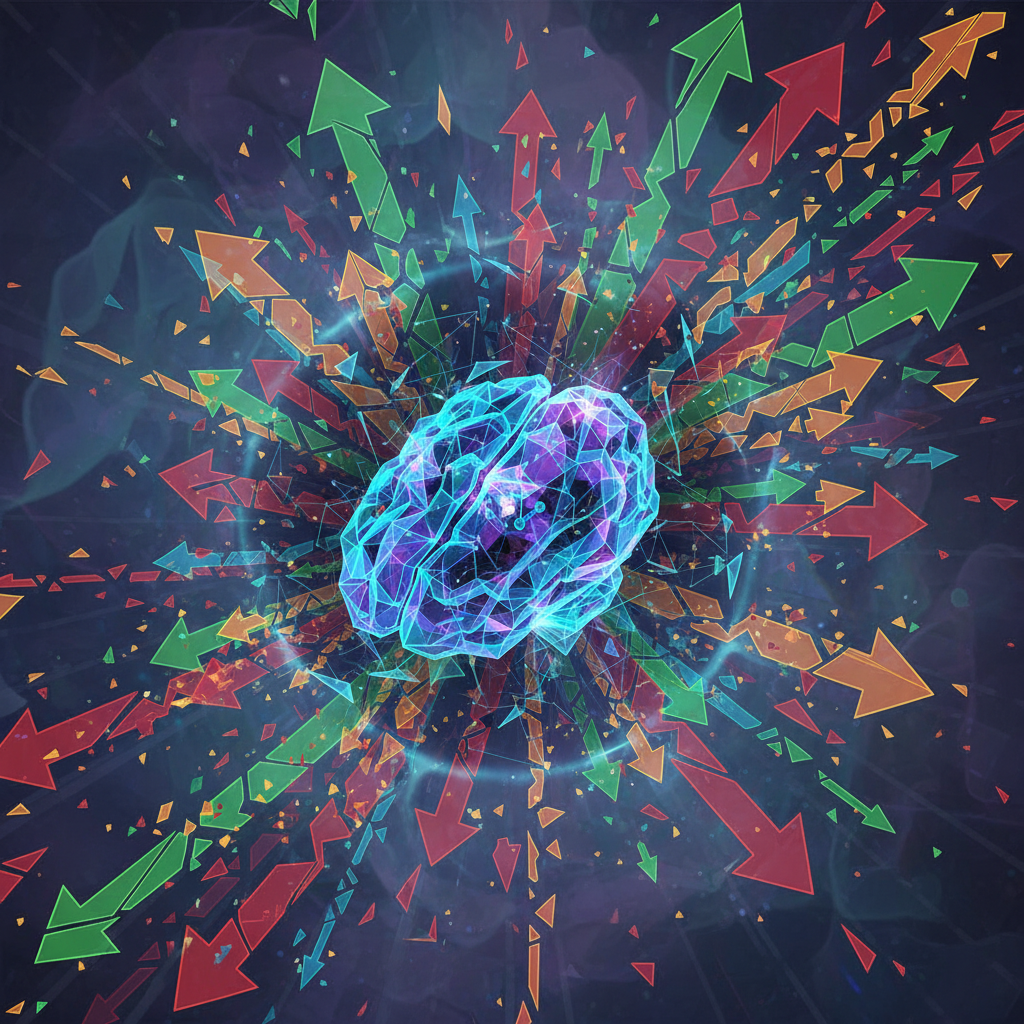 A visually striking illustration of a dynamic market landscape with upward and downward trending arrows, some of which are sharp and fractured, surrounding a central abstract representation of AI. Emphasize uncertainty and volatility. Style: conceptual infographic, no text.