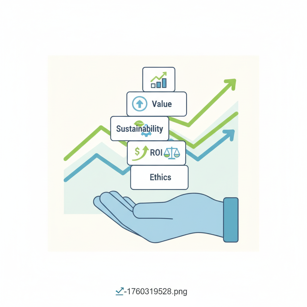 A clean, minimalist illustration of a hand carefully balancing several building blocks, each labeled with concepts like 'Value', 'Sustainability', 'ROI', and 'Ethics', against a background of simplified graphs indicating steady, healthy growth. Style: clean infographic, no text.