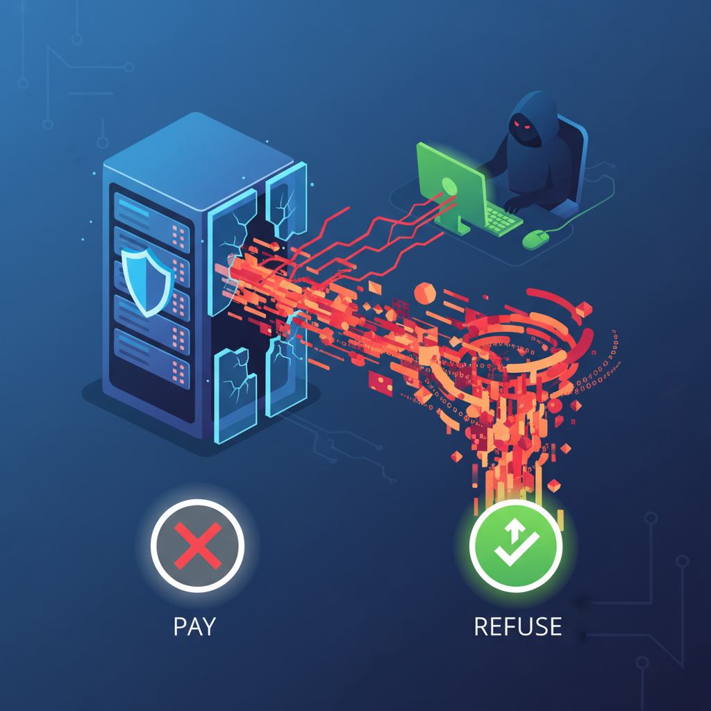 An infographic showing a secure server being breached by a hacker, with data flowing out. On one side, a "PAY" button is crossed out, and on the other, a "REFUSE" button is highlighted. Clean infographic style, no text.