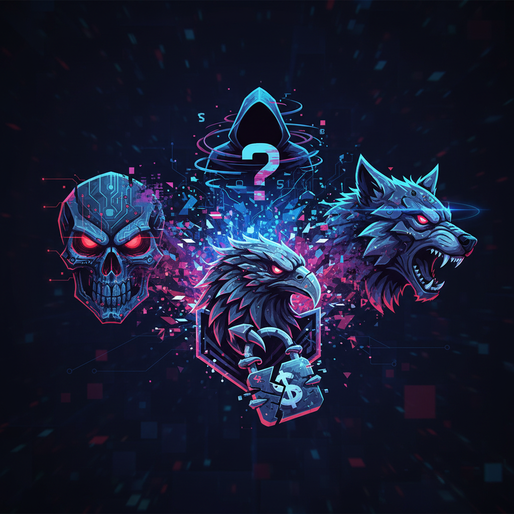 A dark, stylized illustration of three distinct hacker group logos or symbols merging into one new, more formidable symbol, representing "Scattered LAPSUS$ Hunters". Futuristic, digital art style, no text.