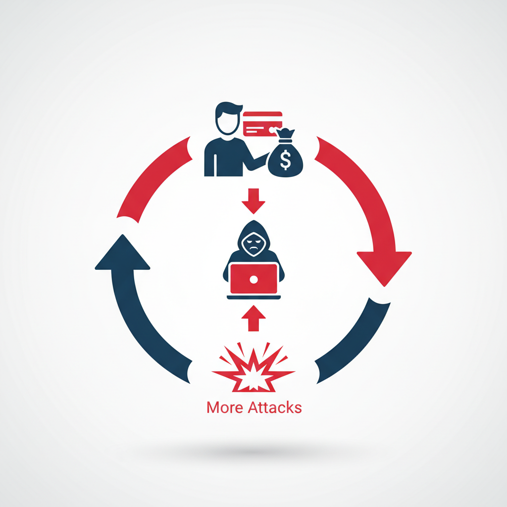 An infographic showing a cycle where a person pays a ransom, which then fuels a hacker, leading to more attacks and more payments. Emphasize the negative feedback loop with arrows and simple icons. Clean infographic style, no text.