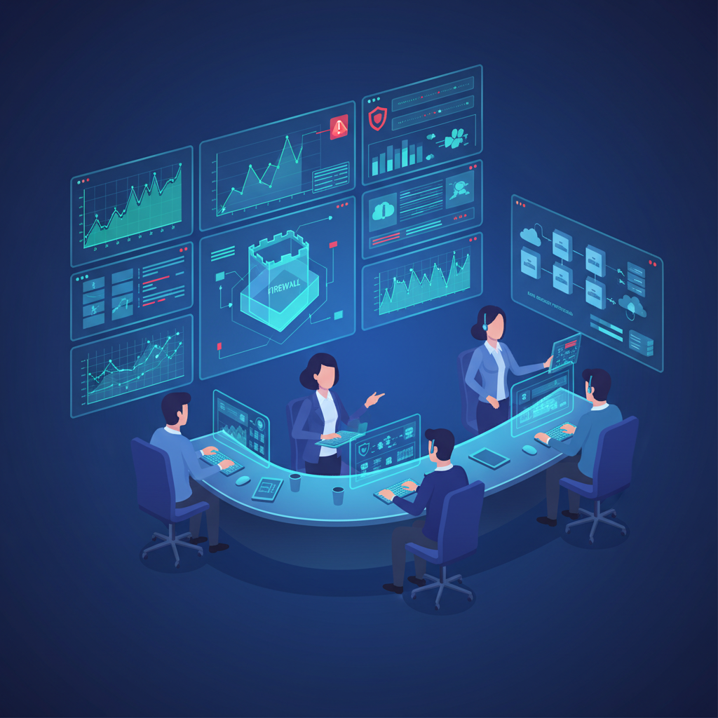 A professional illustration of a cybersecurity team working together, monitoring multiple screens with data graphs and security alerts. Focus on proactive defense strategies like strong firewalls and data backups. Corporate, modern illustration style, no text.