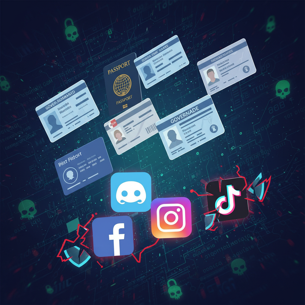 A digital illustration showing various government ID cards floating in a cyberspace background with subtle hacker symbols. In the foreground, stylized icons of popular online platforms like Discord are visible, implying a breach. The overall tone is serious, highlighting digital vulnerability. Style: clean infographic. No text.