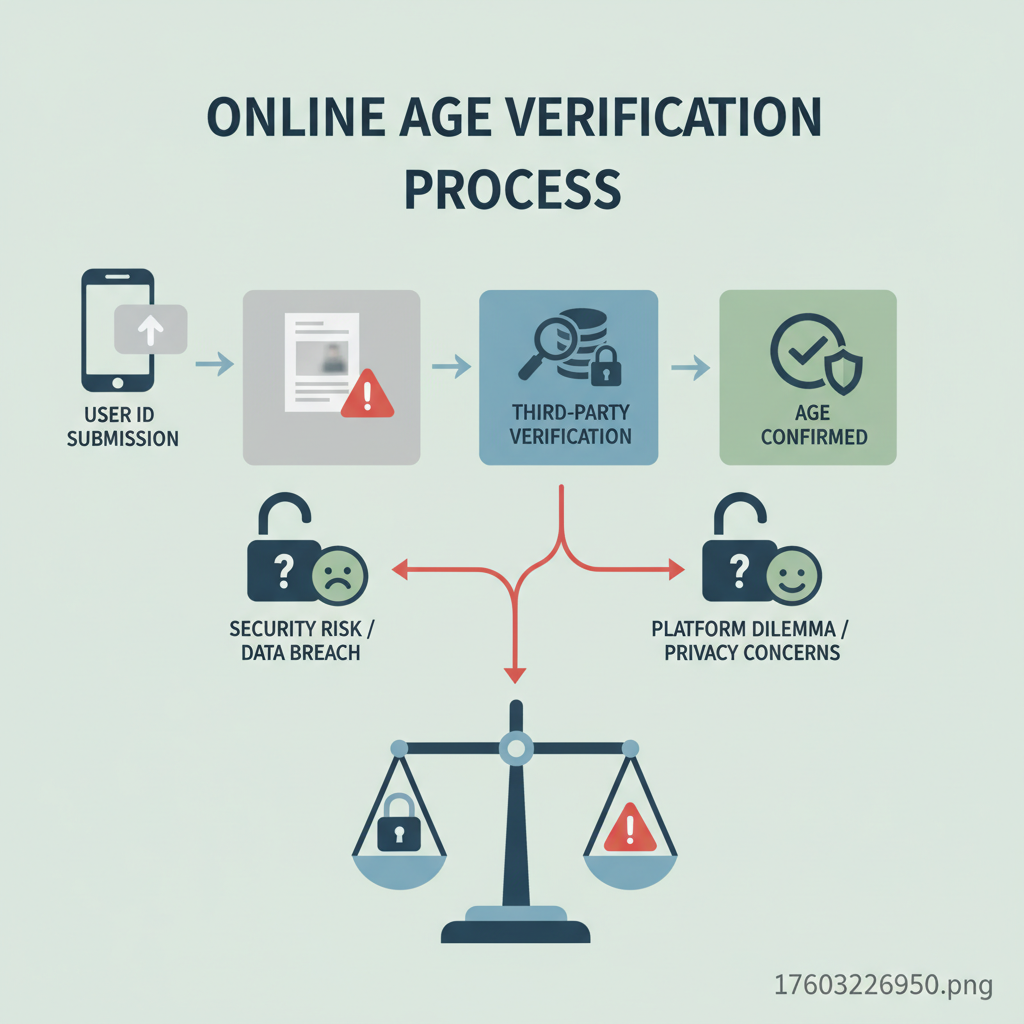 An infographic illustrating the online age verification process, from user submission of ID to third-party verification. Interspersed are warning signs and lock icons, representing security risks and the dilemma faced by platforms. The colors are muted but professional. Style: clean infographic. No text.