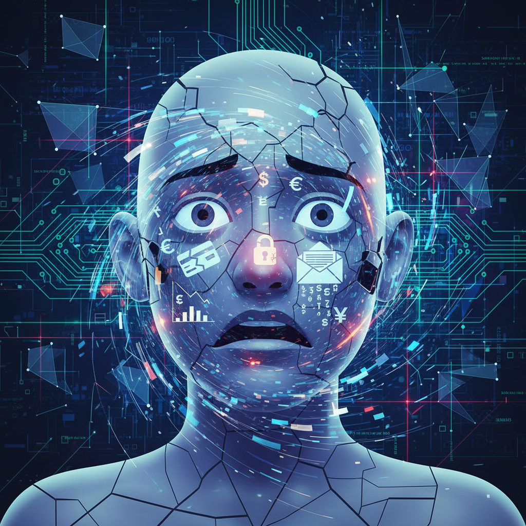 A person's digital identity fracturing into pieces, representing identity theft. There are symbols of financial loss, stolen credentials, and a worried expression on a simplified human face, all within a digital, abstract setting. Style: digital illustration, slightly unsettling but informative. No text.