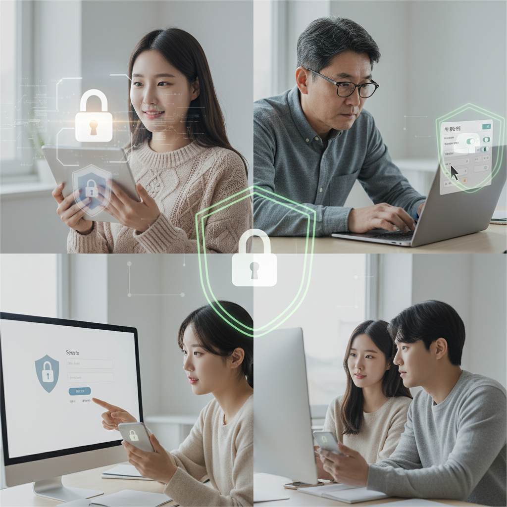 A collage of diverse Korean users engaging with secure online services. Elements include a locked padlock icon, a shield symbol, and a person carefully reviewing privacy settings on a laptop. The atmosphere is calm and secure, with soft, natural lighting. Style: lifestyle photography with subtle digital elements. No text.